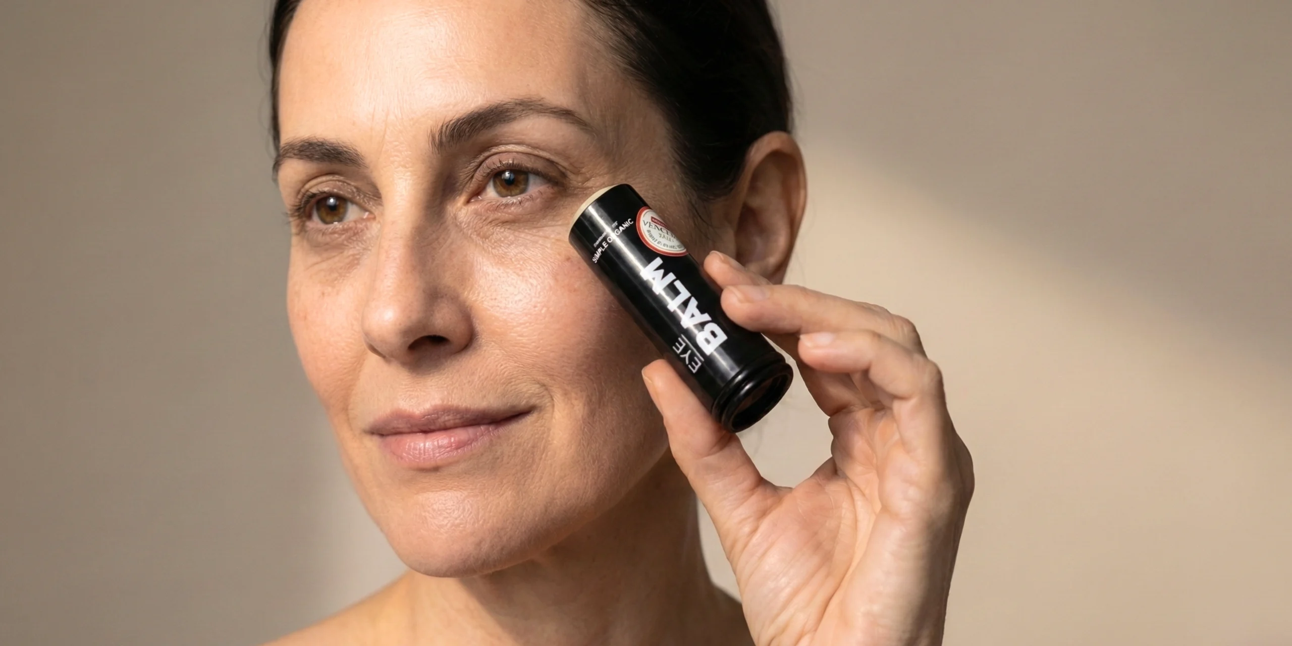 Balm de Olhos Simple Organic aplicado na região ao redor dos olhos